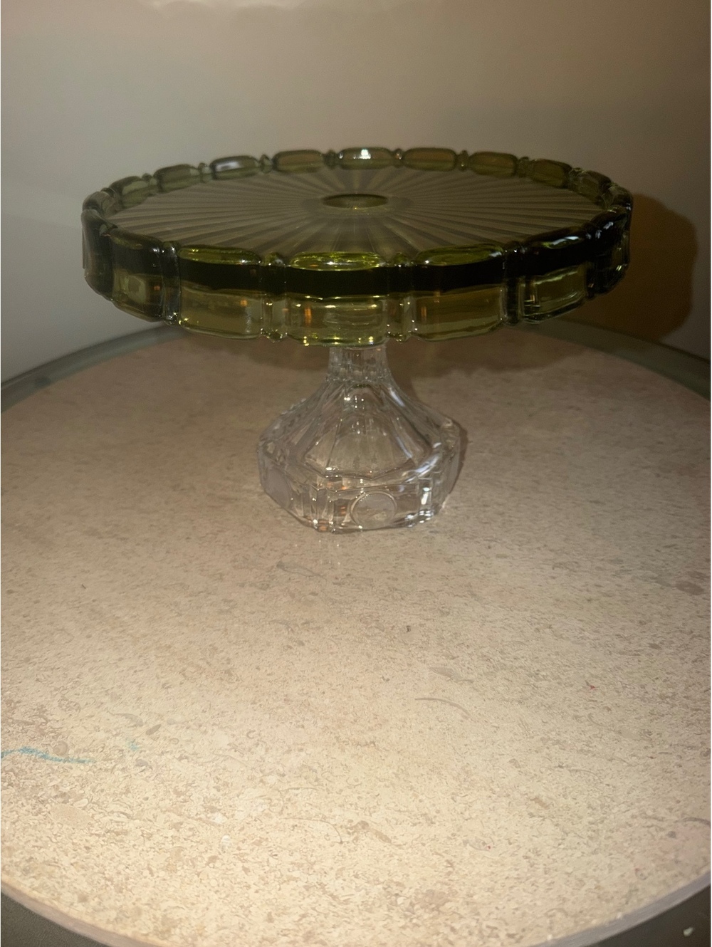 Vintage Fostoria Coin Glass Cake Stand - Olive Grn Plate w/ Clear Pedestal 10”